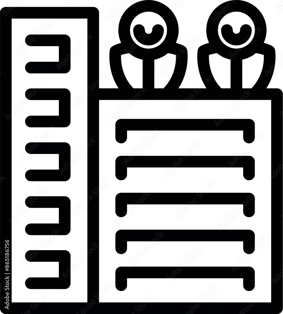 Poster line art icon of a data center building with two engineers standing on top of it