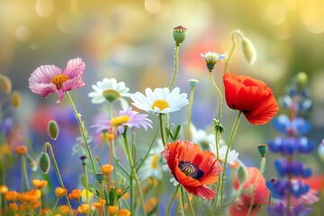Fototapeta premium Vibrant wildflowers in a sunny meadow, showcasing colorful blossoms and lush greenery with a beautiful blurred background.