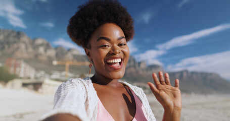 Outdoor, portrait and hand of black woman in video call, visual communication and greeting in...