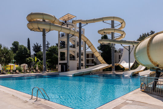 Slides, pools and equipment for a modern outdoor water park.