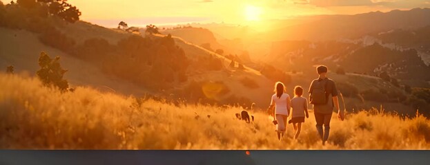 Family hiking through a national park, breathtaking views, and diverse wildlife, 4K hyperrealistic photo. 4K Video
