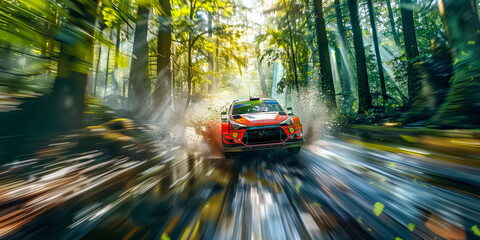Rally car drives at high speed through a dirt road in a dense forest, background is blurred
