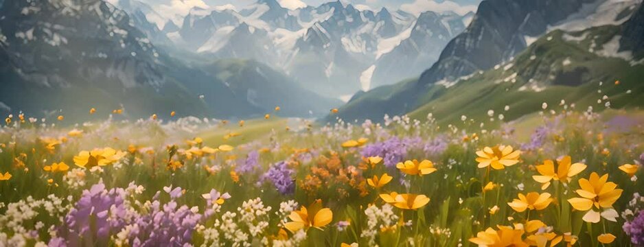 Serene alpine meadow filled with colorful wildflowers and buzzing with bees, 4K hyperrealistic photo 4K Video