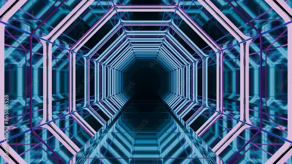Canvas Prints ice color background with flying inside neon blue tunnel. design. corridor of hexagon silhouettes.