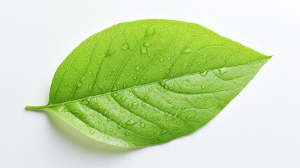 Obraz premium A close-up photorealistic image of a delicate, dew-kissed green leaf, its veins barely visible, resting on a stark white canvas.
