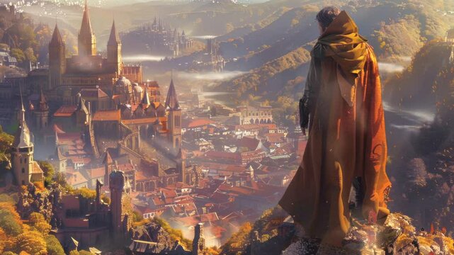 Magician fantasy character looking over a fantastic medieval city landscape, anime style