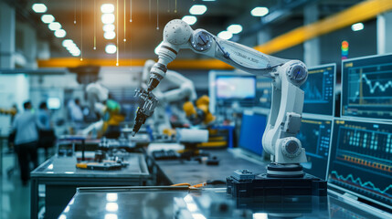 Fototapeta premium A realistic photograph of a cutting-edge tech laboratory, with scientists and engineers working on advanced robotics and AI projects.