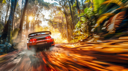 Rally car drives at high speed through a dirt road in a dense forest, background is blurred