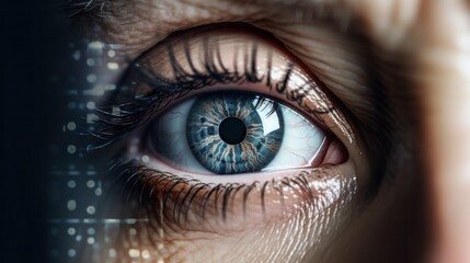 Fototapeta premium A close-up shot of an elderly woman's eye, reflecting the image of her doctor holding a tablet.