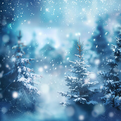 Naklejka premium Magic of winter in snowy forest. Winter landscape.Trees adorned with frost and snowflakes stand tall against cold blue sky. Modern design template for card, banner, poster template