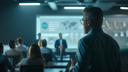 Fototapeta premium A realistic scene of an IT specialist conducting a cybersecurity training session in a corporate office, with employees watching a presentation on data protection.