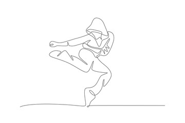 Break dancing woman wearing a hoodie. Break dancing concept one-line drawing