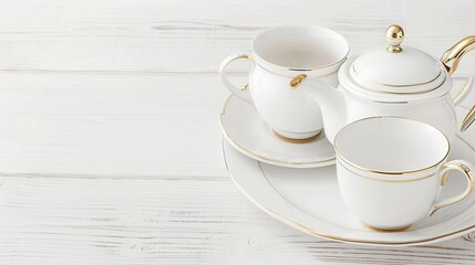 Fototapeta premium Close-up of two white teacups and teapot on a white wooden table. Textured design. Coffee beans scattered around them