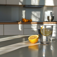 A glass of water with lemon slices standing on a marble counterto in the Scandinavian style kitchen background. Sunlight highlights the bubbles rising to the surface of the drink