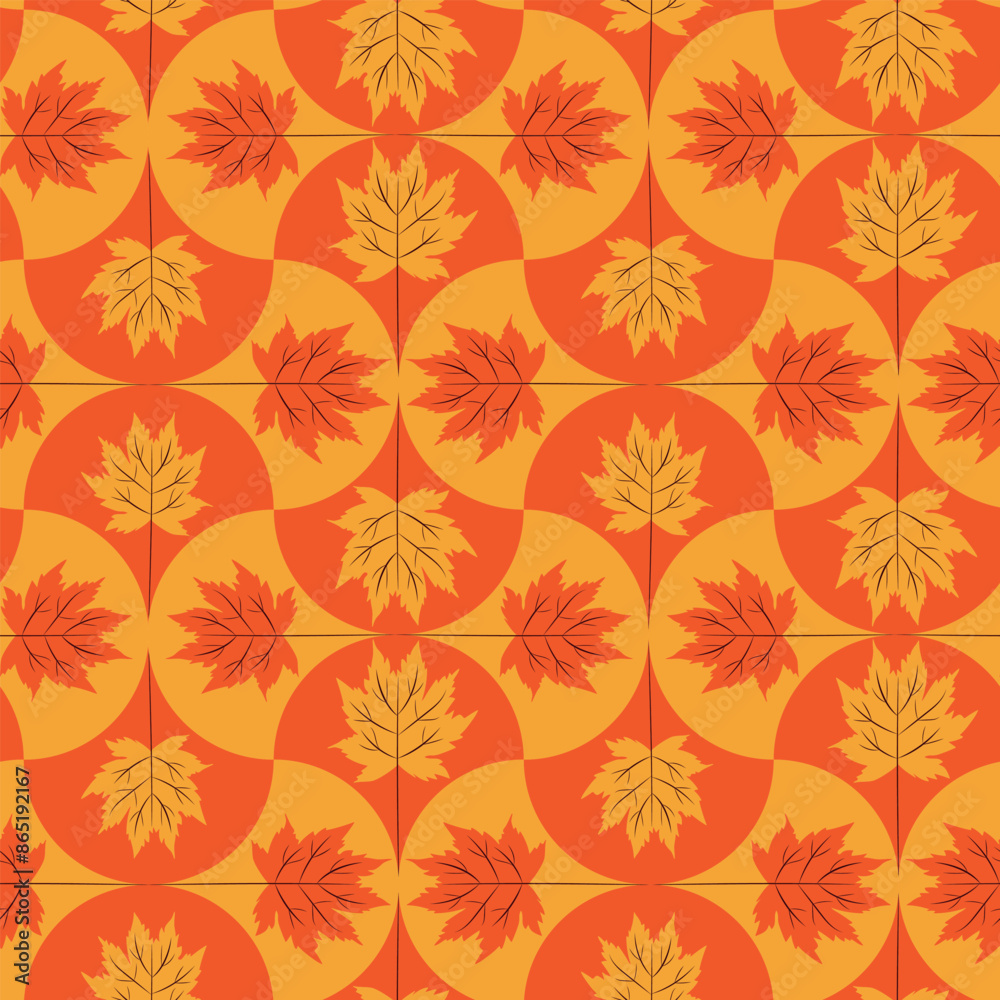 Canvas Prints orange and tangerine autumn maple leaves on geometric scallop shapes seamless pattern. for autumn pr