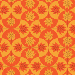 Orange and Tangerine Autumn Maple Leaves on Geometric Scallop shapes seamless pattern. For autumn print, fabric and textile