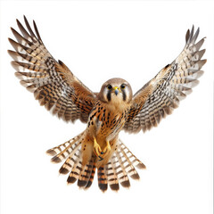 Fototapeta premium A beautiful kestrel in mid-flight, wings spread wide and eyes focused on the ground below, isolated on white background.