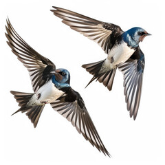 Obraz premium A pair of swallows in flight, wings spread wide as they dart through the air, isolated on white background.