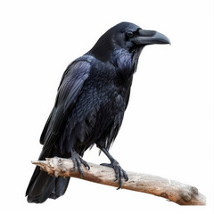 A black raven with its glossy feathers, perched ominously on a branch, isolated on white background.