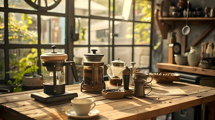 Coffee Brewing Setup on a Rustic Wooden Table