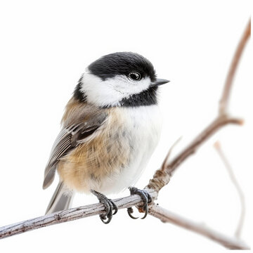 A charming little chickadee with its black cap and white cheeks, perched on a twig, isolated on white background.