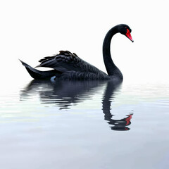 A majestic black swan gliding smoothly on a calm lake, its red bill standing out against its black feathers, isolated on white background.