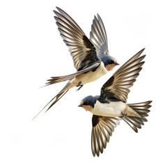 Fototapeta premium A pair of swallows in flight, wings spread wide as they dart through the air, isolated on white background.
