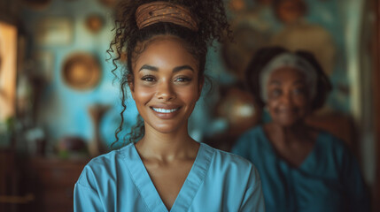 Obraz premium Portrait of a Compassionate Black-Skinned Nurse Girl: Standing Proudly in Her Uniform, Ready to Care for Patients with a Warm Smile.