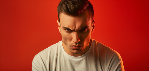 portrait of young beautiful man with angry expression, isolated on red and white backgrounds