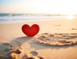 Fototapeta premium Red heart on the beach at sunset. Valentine's day concept.