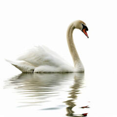 A graceful mute swan gliding smoothly on water, its long neck curved elegantly, isolated on white background.