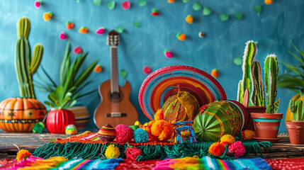 Fototapeta premium Festive background of a Mexican holiday Cinco de Mayo, Mexican May party. Concept of Cinco de Mayo party with sombrero hat, maracas, guitar. Generative ai