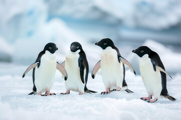 Obraz premium Four penguins standing on icy terrain
