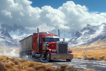 Tractor Trailer Moving Along Rural Highway