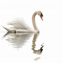Fototapeta premium A majestic swan gliding gracefully on a calm lake, its long neck curved elegantly, isolated on white background.