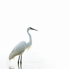 Obraz premium A majestic crane standing gracefully in shallow water, its long legs and neck poised elegantly, isolated on white background.