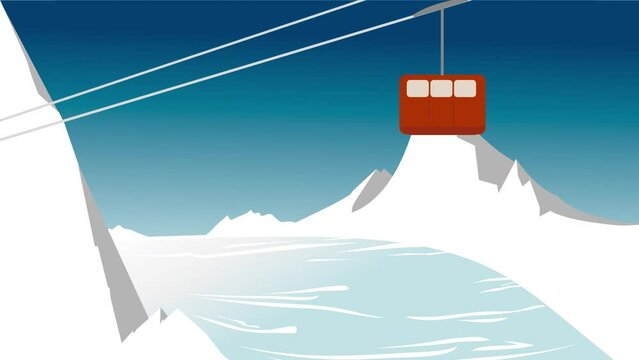 Seilbahn in alpiner Landschaft, Gondel f&auml;hrt durch ein Bergpanorama mit Gletscher, 2-D Animation