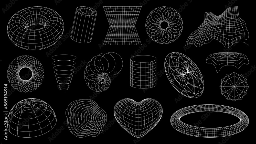 Aufkleber 3d wireframe shapes, brutal perspective grid, retro tech mesh vector line elements. Abstract geometric shapes of 3d wire frame sphere or globe, wave, torus and heart grid, tunnel and wave meshes