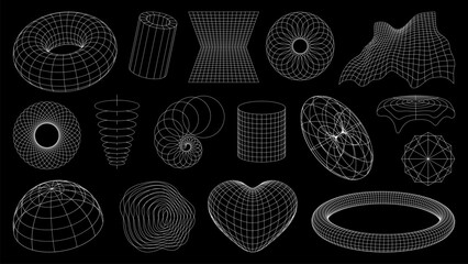 Naklejka premium 3d wireframe shapes, brutal perspective grid, retro tech mesh vector line elements. Abstract geometric shapes of 3d wire frame sphere or globe, wave, torus and heart grid, tunnel and wave meshes