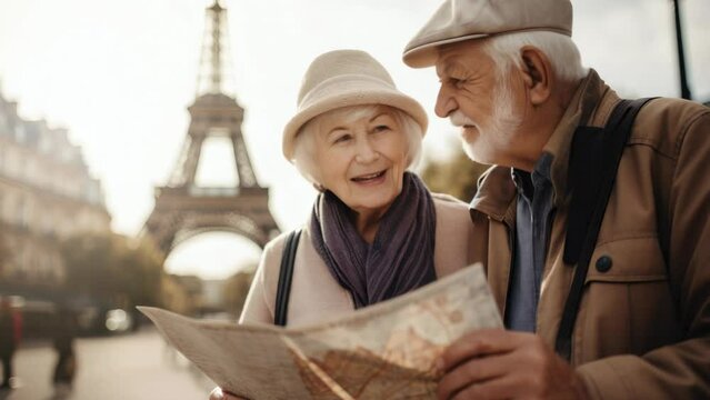 senior tourist couple looking at map on Paris city streets with Eiffel tower in the background. travel and active retirement concept