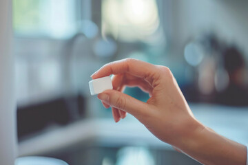 a female hand holding a dish washing tablet with her thumb and index finger, blurred background