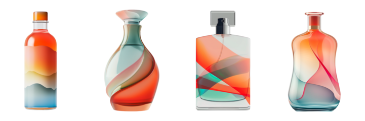 Collection of glass bottles for perfume, whiskey and drinks, A sleek luxury beauty glass bottles on transparent background