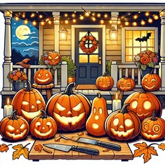 Obraz premium Festive Halloween Porch with Glowing Jack-O'-Lanterns and Spooky Decorations