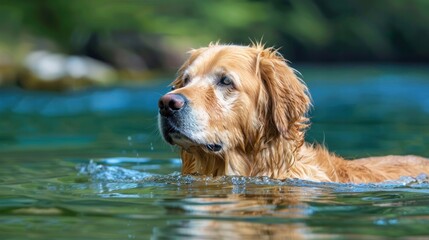 A majestic Golden Retriever adult, swimming through a crystal-clear lake