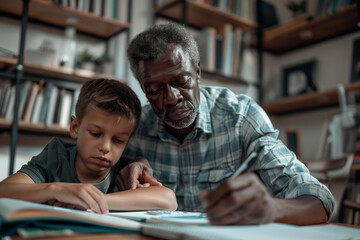 African father helping caucasian teenager son learning for school doing homeworks together for education 