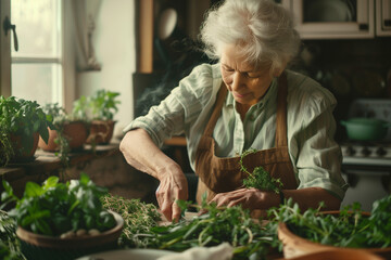 old grandma lady preparing herbs, greens, salad and food in kitchen