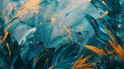 Abstract oil painting of tropical leaves in teal and gold