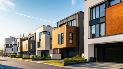 Modern town houses of brick and glass on urban street