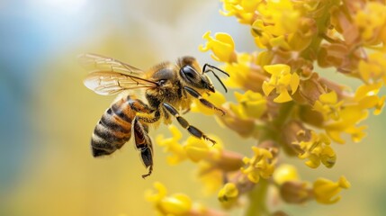 Flying Bee Approaching a Solidago Flower in Bright Daylight