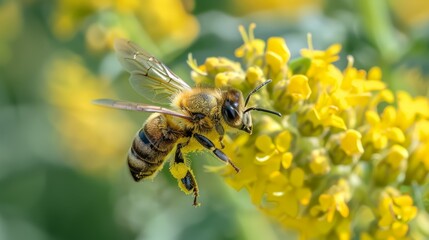 Flying Bee Approaching a Solidago Flower in Bright Daylight